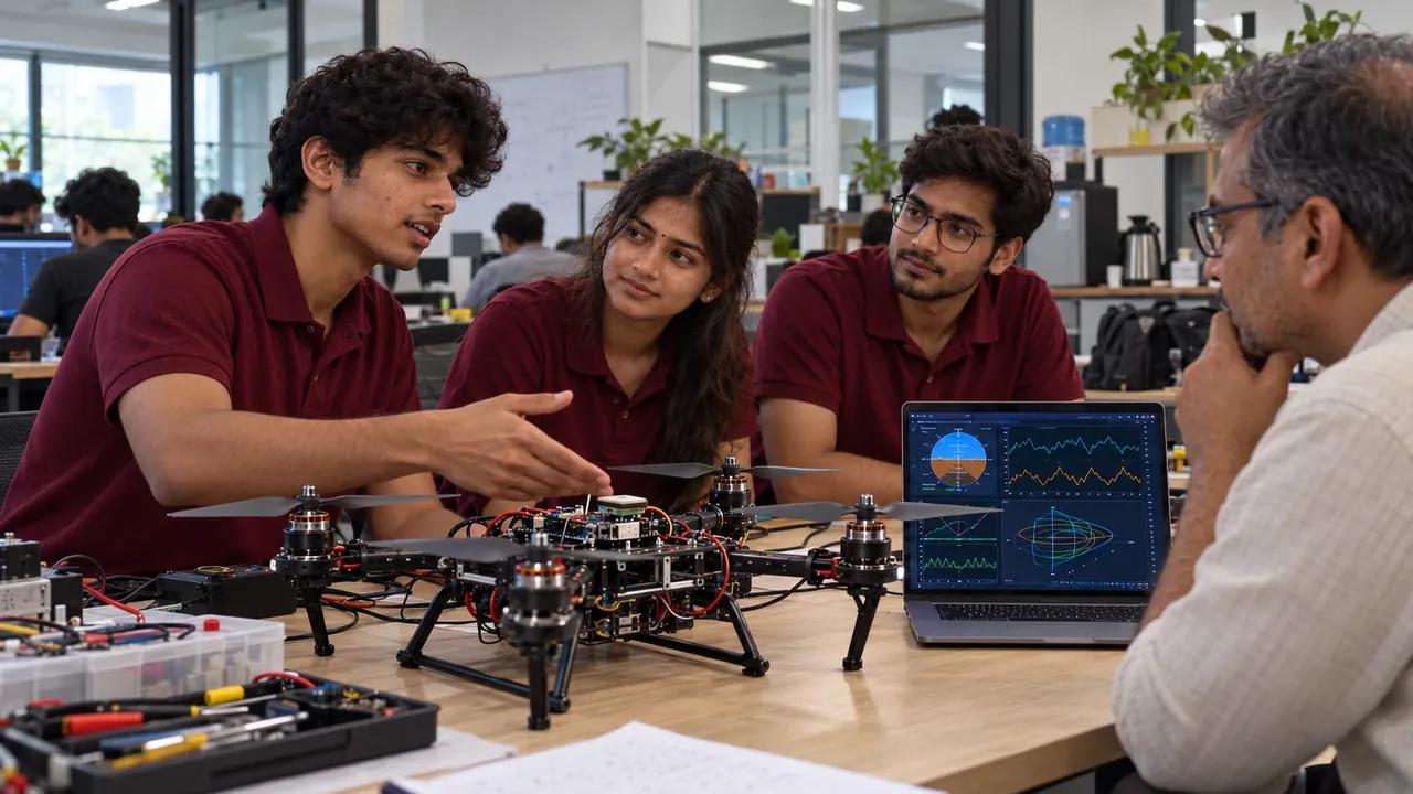 Three students presenting their working drone prototype and its live telemetry to a reviewer