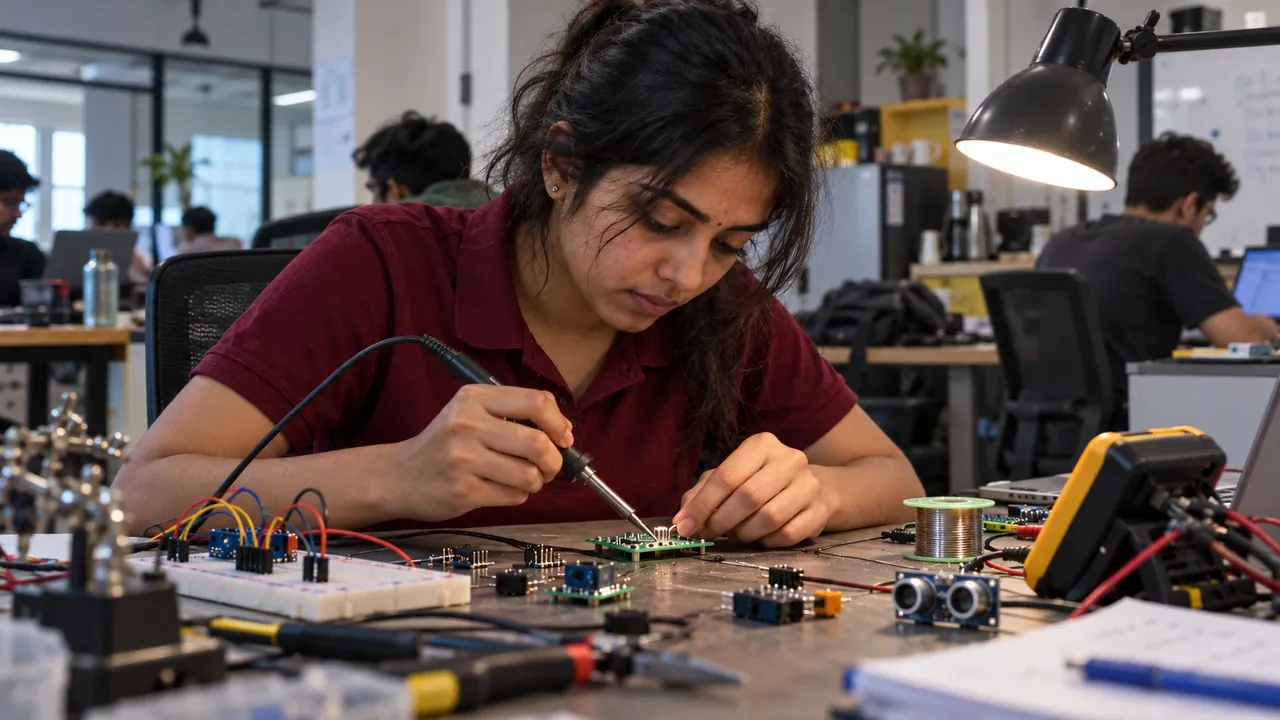A student soldering a small sensor board at a lab bench, with a breadboard, sensor modules and a multimeter around her