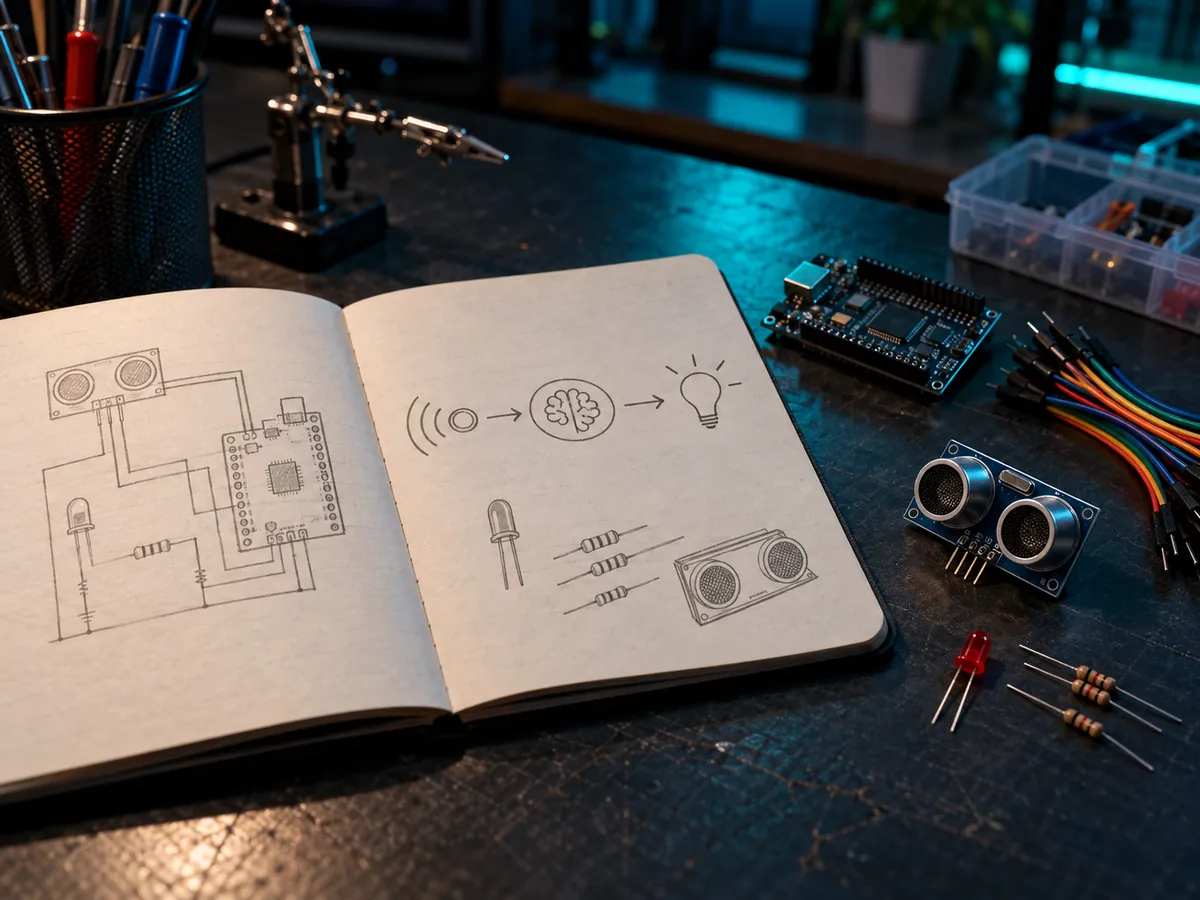 An open notebook with hand-drawn circuit sketches and a sense, decide, act flow, beside a starter kit of a microcontroller, an ultrasonic sensor, LEDs and resistors