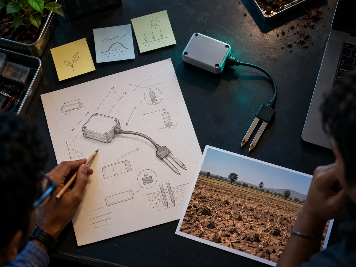 A team sketching a soil-sensor concept on paper, with sticky notes and a photo of dry farmland