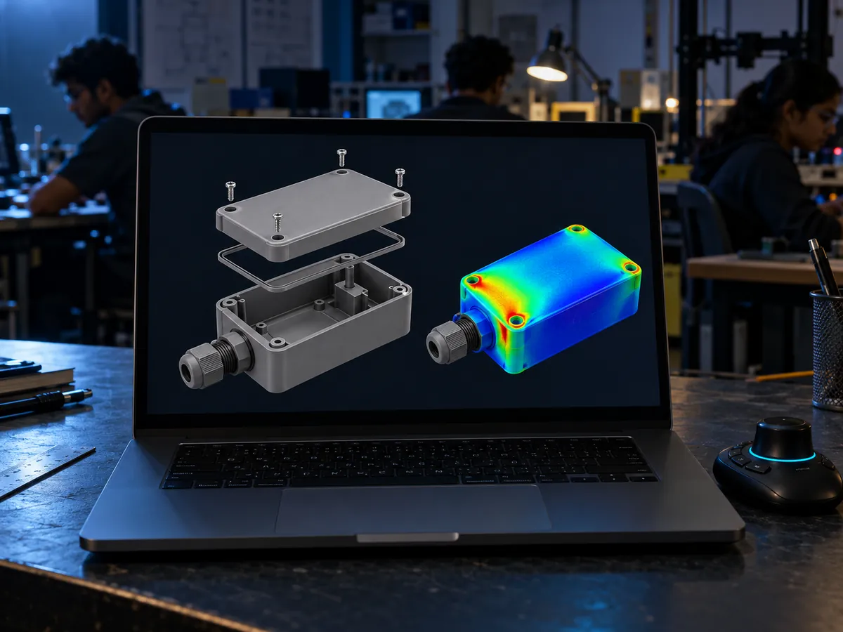 A laptop showing a 3D CAD model of the sensor enclosure, exploded, beside its thermal simulation