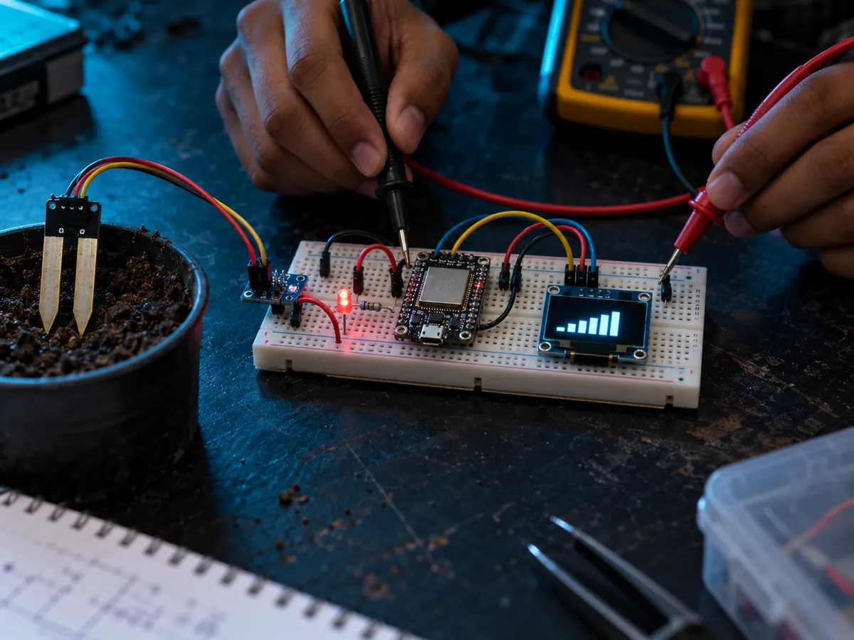 A breadboard prototype with a soil probe, microcontroller and small display, being tested with a multimeter