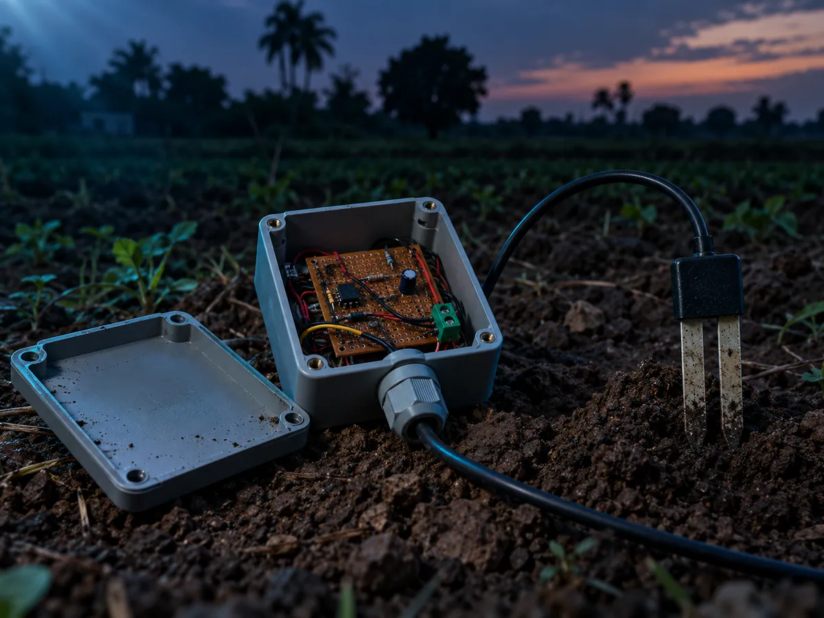 The hand-soldered circuit in an open enclosure on farm soil at dusk, wired to its soil probe