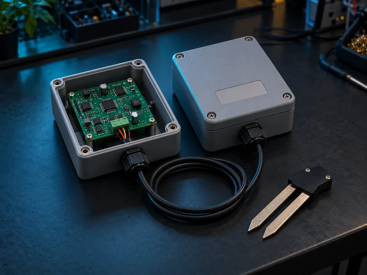 Two golden-sample units: a custom green PCB in an open enclosure beside a closed one, with the soil probe