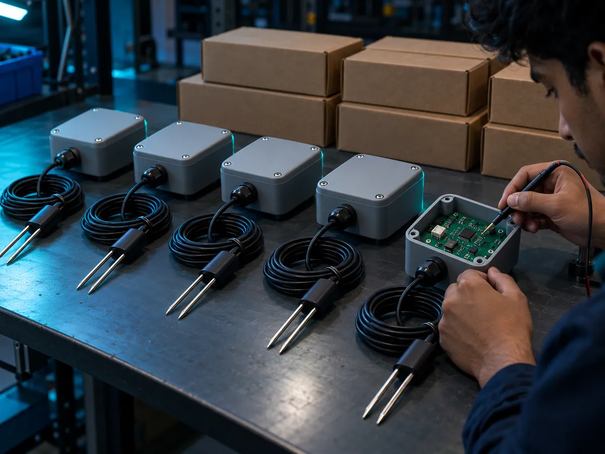 A row of finished soil sensors on a bench, one being tested, with packed boxes ready to ship