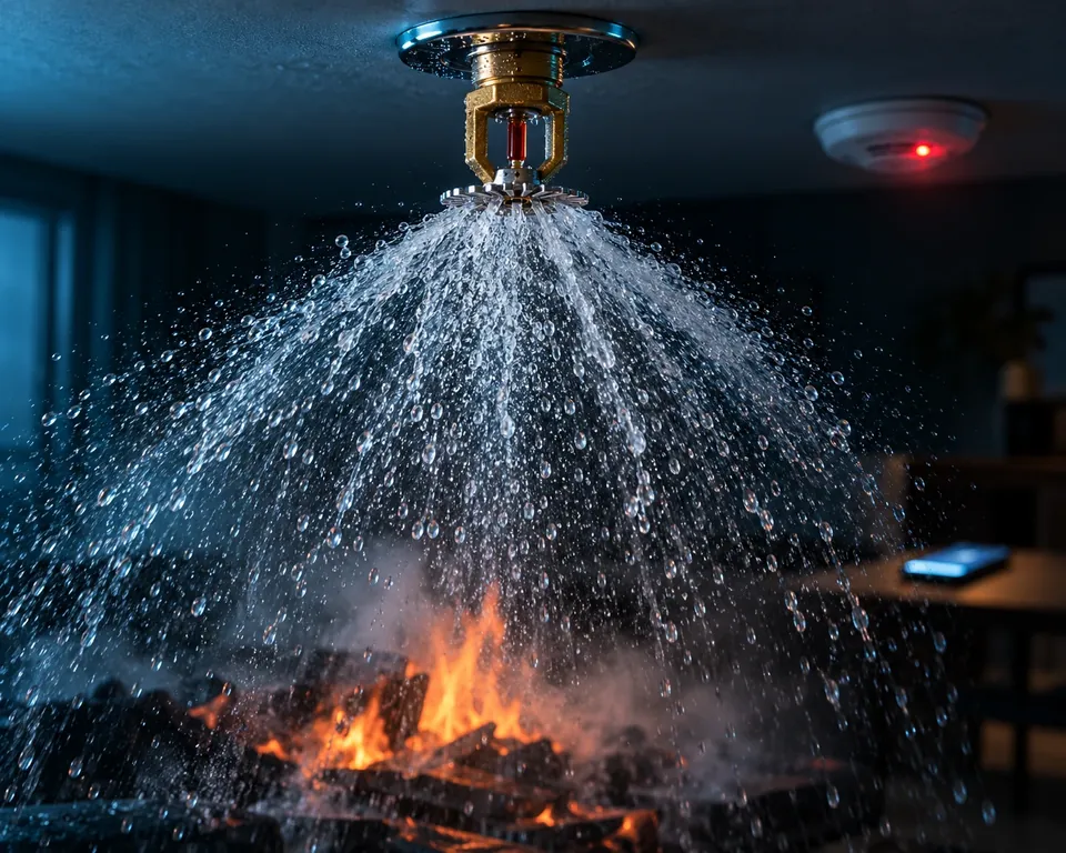 A ceiling sprinkler spraying water onto a fire while the detector’s alarm light glows and a phone lights up with an emergency call