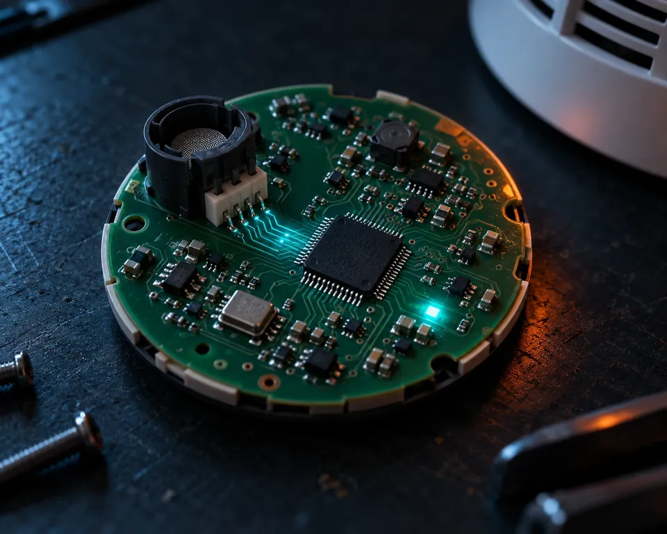 The smoke detector’s circuit board, signals glowing from the smoke sensor into its microcontroller