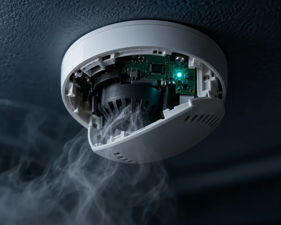 A smoke detector on a ceiling, its cover open, drawing smoke into its sensing chamber as its status light glows