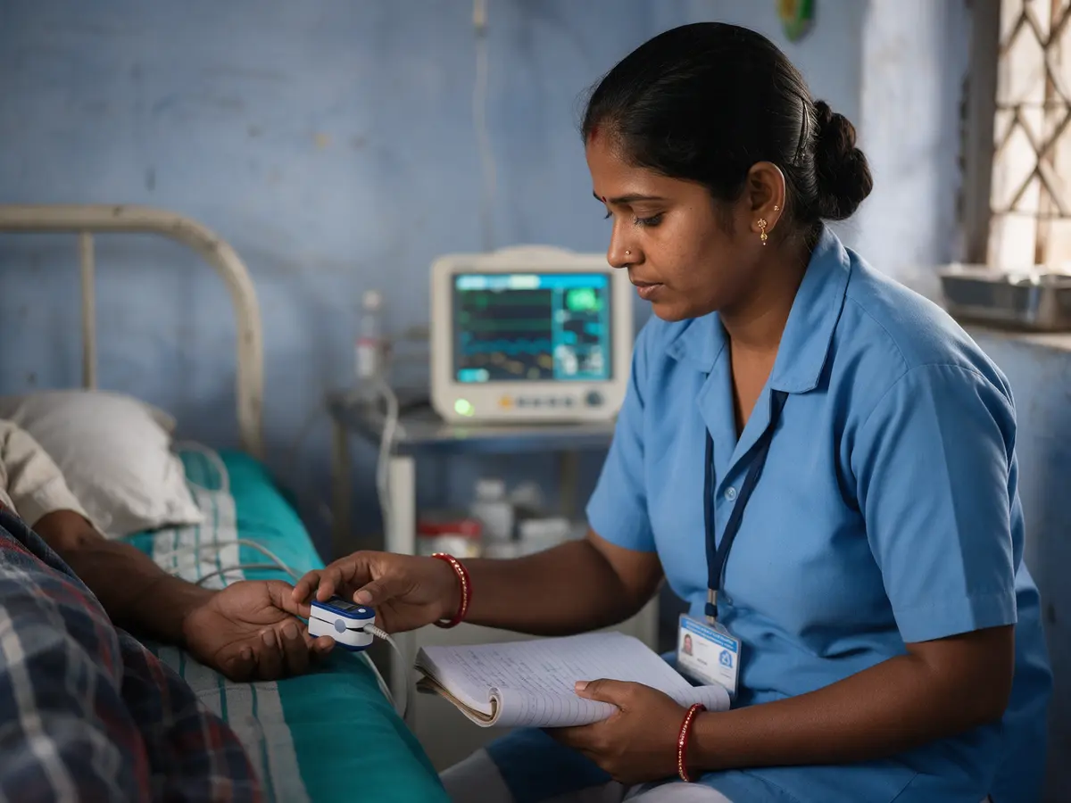 A nurse checking a patient’s vitals by hand in a small clinic