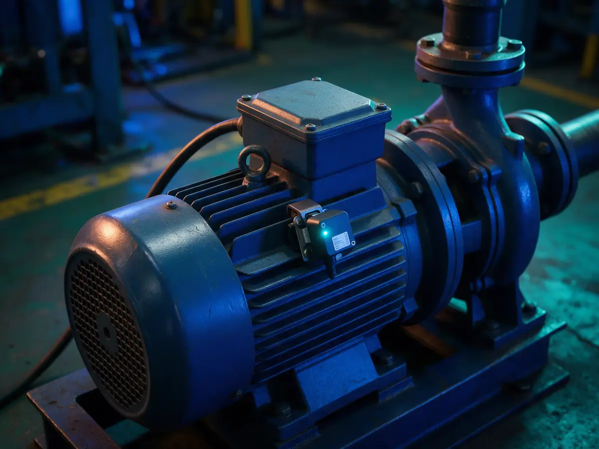 An industrial motor and pump on a factory floor with a small sensor clamped to it