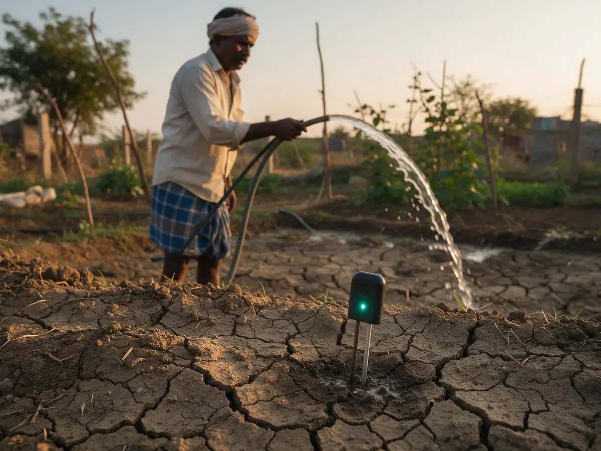 A farmer watering dry, cracked soil with a pipe while a small soil sensor stands in the ground
